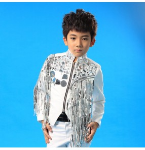White with silver sequins mirror fringes paillette boys kids children long sleeves t show play stage performance  school play competition hip hop punk rock jazz singer dance outfits  jacket coat 